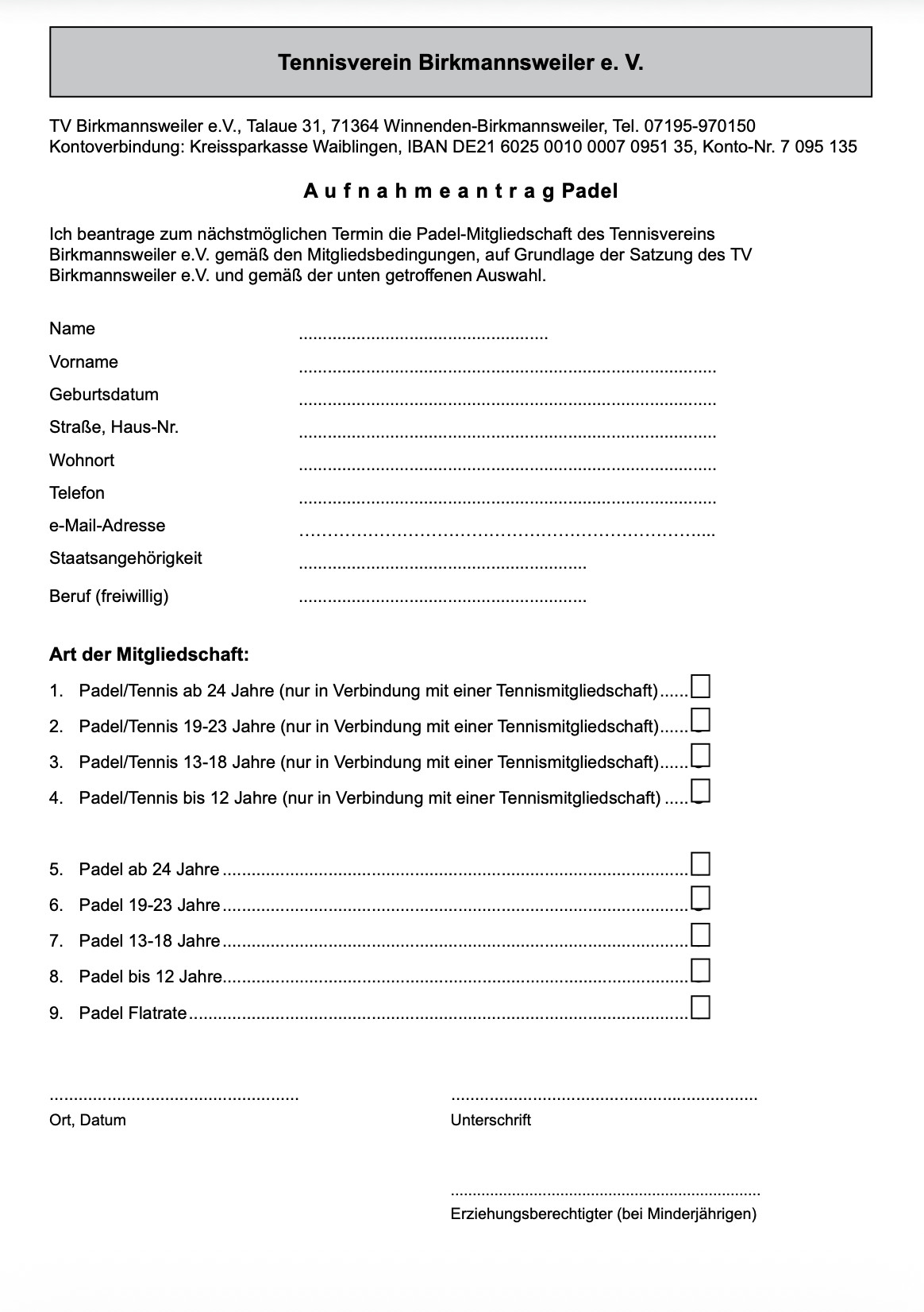 Aufnahmeantrag Padel Aufnahmeantrag Padel