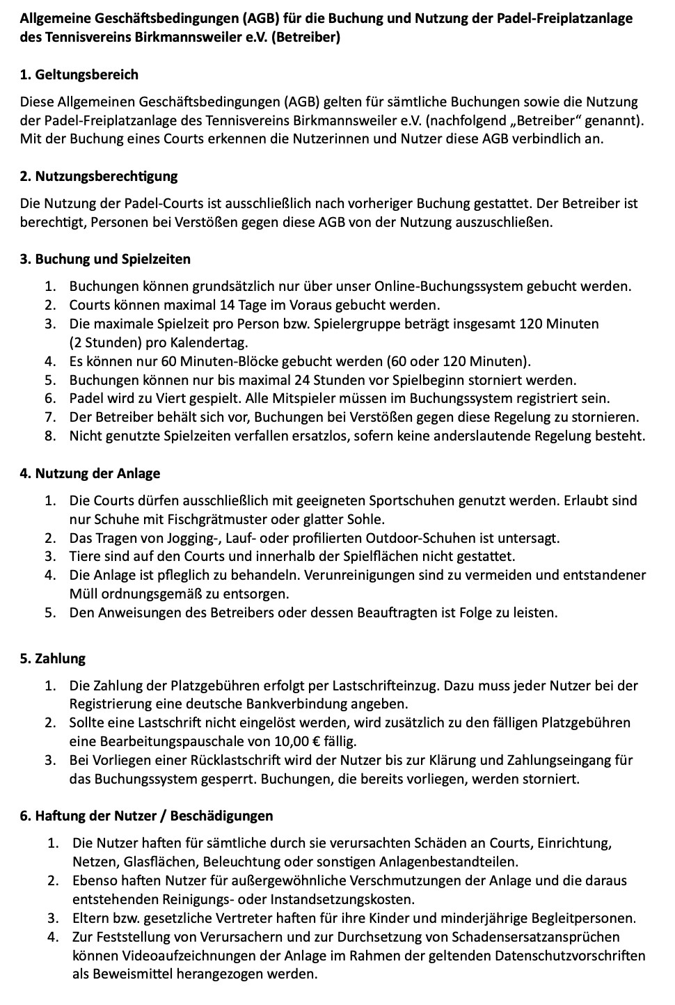 Allgemeine Geschäftsbedingungen Padel Satzung 2026